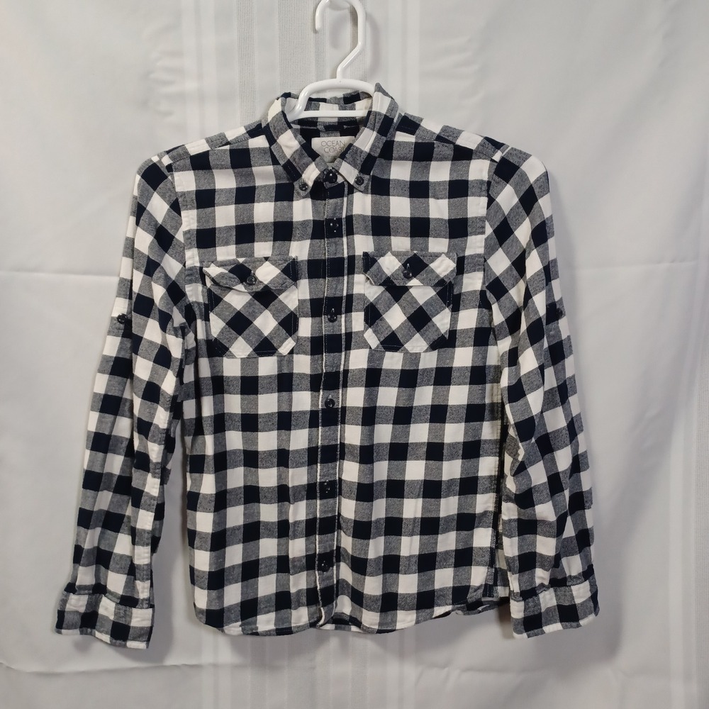 Ocean Coast Button Down Kids XL Navy Blue White Buffalo Plaid Flannel Shirt